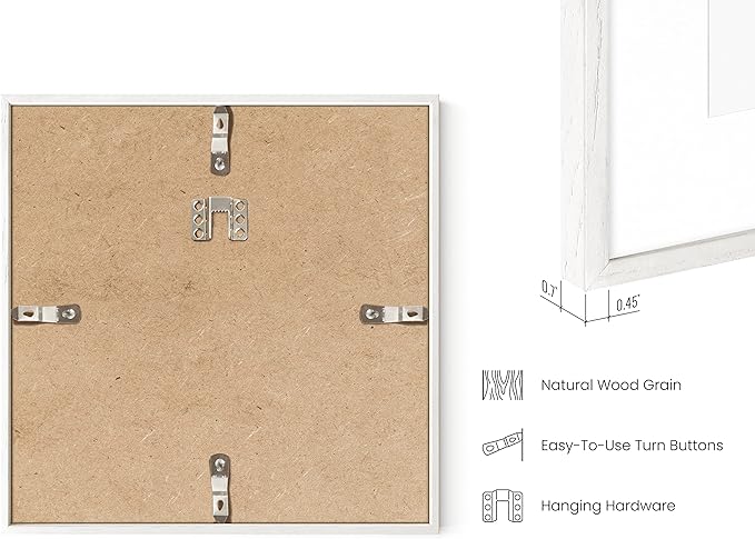 HAUS AND HUES Solid Oak 8"x8" Picture Frame Matted to 4"x4" - 8x8 Square White Picture Frames, Square Picture Frame Wood, 8 x 8 Picture Frames with Mat, White Poster Frames with Matting