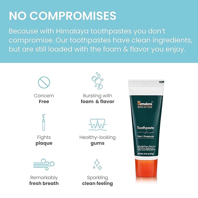 Himalaya Botanique Neem & Pomegranate Travel Toothpaste, Mint Flavor - Travel Size Fluoride Free Toothpaste Fights Plaque & for Fresh Breath - Vegan, Gluten Free, No SLS, 0.74 oz (Pack of 20)