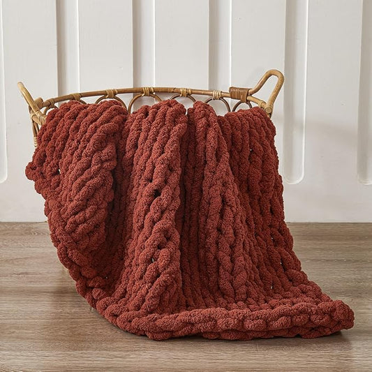 WESHIONGOO Chunky Knit Blanket Throw 40"*40“ Knitted Throw Blankets for Couch Bed Fluffy Soft Blanket with Jumbo Chenille Yarn Thick 100% Handmade(Rust)