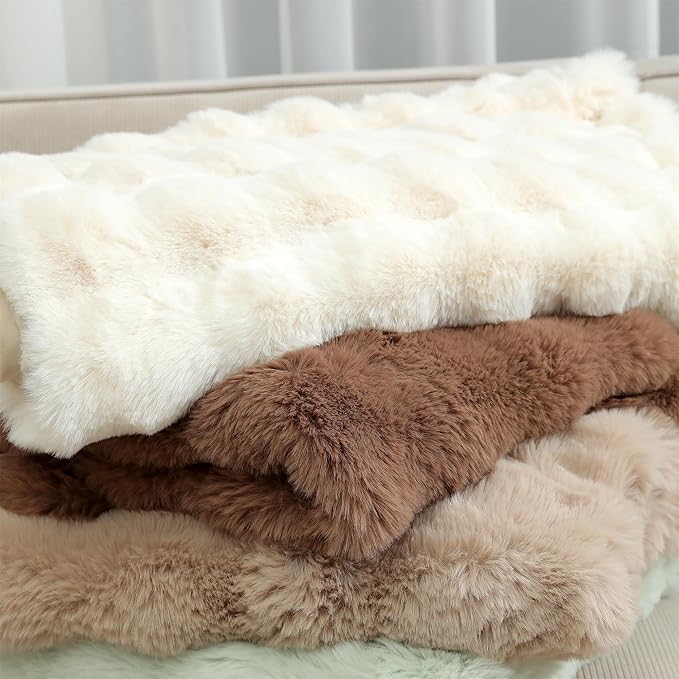 RYNGHIPY Faux Rabbit Fur Throw Blanket Ruched Plush Fuzzy Blanket for Couch Bed Sofa Heavy Warm Comfy Throws for Living Room Bedroom Machine Washable (Solid Brown, 63''x79'')
