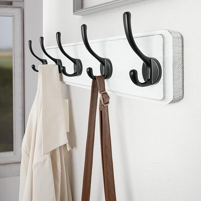 SKOLOO Rustic Wall Mounted Coat Rack, 16 inches Hole to Hole, Case of 2, Pine Solid Wood Coat Hook Hanger - 5 Hooks for Hanging Clothes Robes Towels Coats