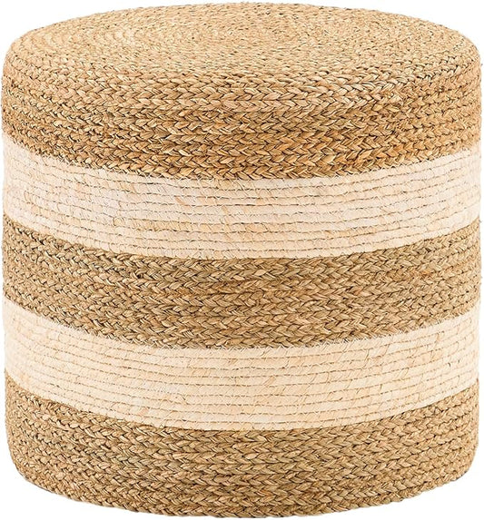 Handwoven Ottoman Pouf, Natural Seagrass Footstool, Round Braided Outdoor Seat with Sturdy Frame, Boho Accent Stool for Patio, Balcony, or Garden (Seagrass White)
