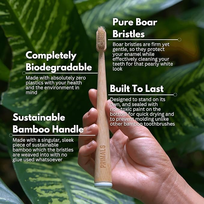 PRIMALS Boar Bristle & Bamboo Toothbrush (4-Pack) - Premium Boar Bristles - Fully Biodegradable - Plastic & Nylon Free - Quick Dry Design