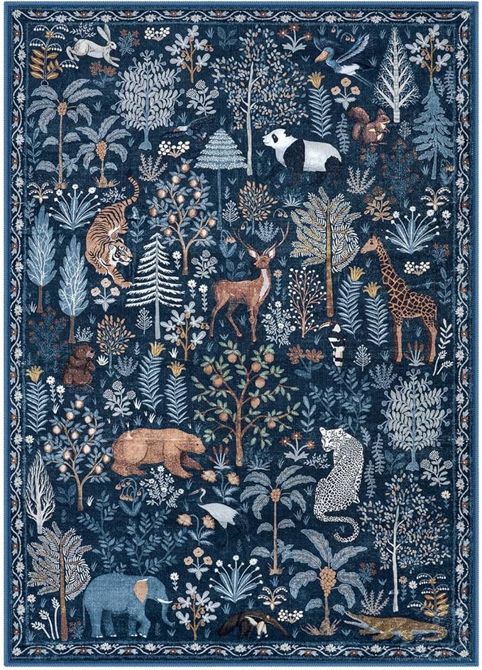 OJIA Jungle Print Blue 5x7 Rugs for Living Room, Soft Ultra-Thin Washable Area Rugs for Bedroom Non-Slip Modern Entryway Rug Non Shedding Indoor Carpet Kids Rugs for Playroom Nursery Classroom