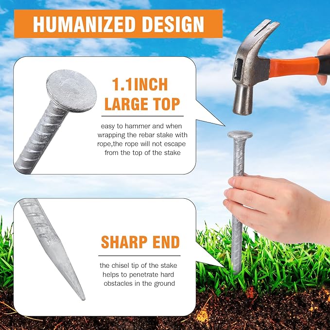 Tandefio 36 Pcs 14 Inch Rebar Stakes, 1/2 Inch Diameter Threaded Galvanized Steel Ground Anchors Plant Support Garden Stakes, Heavy Duty Metal Landscape Spikes for Speed Bump Tent
