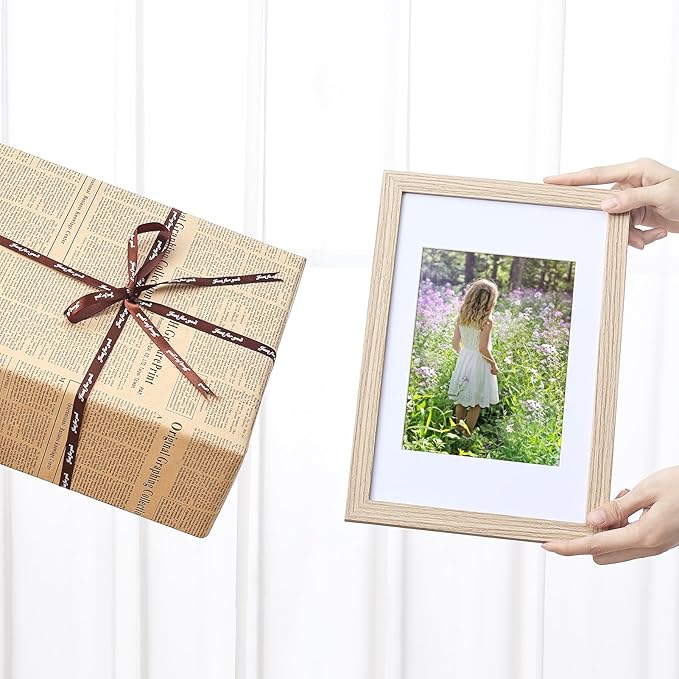 Vittanly 8x12 Picture Frames Set of 9, Shatter Resistant Plexiglass, Display 6x8 Pictures with Mat or 8x12 without Mat, Photo Frames for Wall or Tabletop, Engineered Wood, OAK