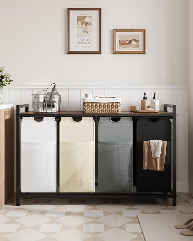 Lulive Laundry Hamper with Shelf, Laundry Basket 4 Section, Laundry Sorter Organizer with Pull-Out Removable Large 4 Color Bags & Large Top Shelf for Laundry Room, Bathroom and Dorm, 4 x 18 Gal (272L)