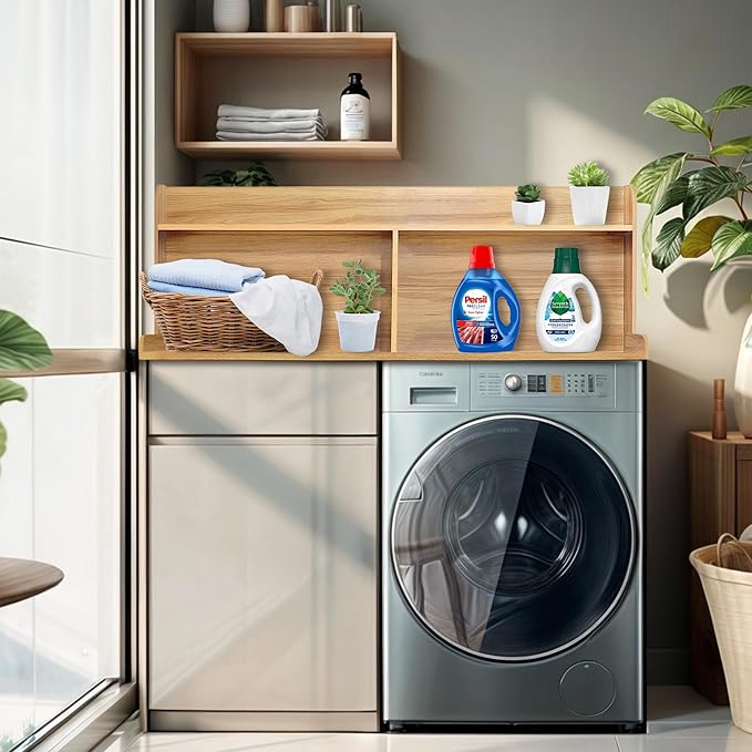 Royxen 2-Tier Washer Dryer Countertop,19.5" H Wood Washer Dryer Topper with Storage Shelf,Laundry Countertop Over Washer and Dryer, Universal Fit for Laundry Room Organization (Oak, 54" W X 27.5" D)