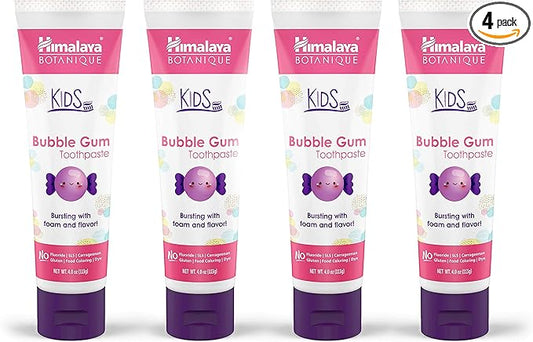 Himalaya Botanique Kids Toothpaste, Herbal, Bubble Gum Flavor, Fluoride-Free, Gentle, No Artificial Flavors or Colors, SLS Free, Gluten Free, Cruelty Free, Vegan, Foaming, 4 Oz, 4 Pack