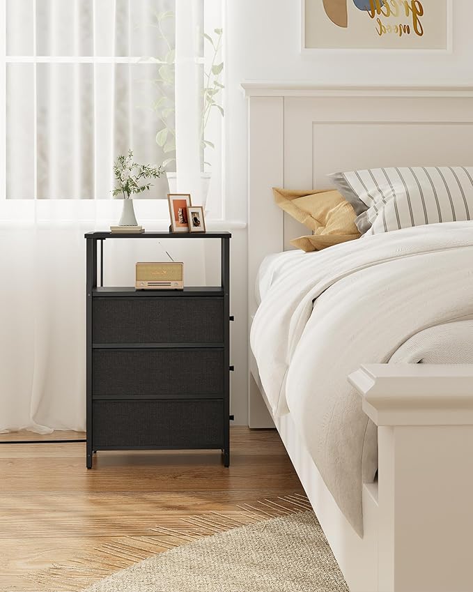 TUTOTAK Narrow Night Stand with Charging Station, Slim End Table with Plugins, Tall Side Table with 3 Fabric Drawer, Small Bedside Table with Storage, Living Room, Bedroom, Black TB01BK086