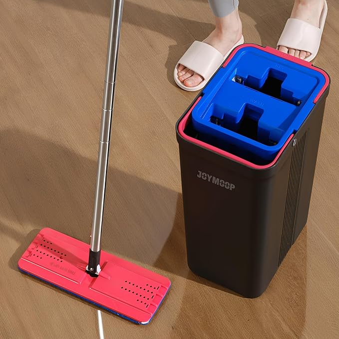 JOYMOOP Mop and Bucket with Wringer Set, Hands Free Flat Floor Mop and Bucket, with 4 Washable Microfiber Pads, Wet and Dry Use, Floor Cleaning System - Black+Red+Slate Blue