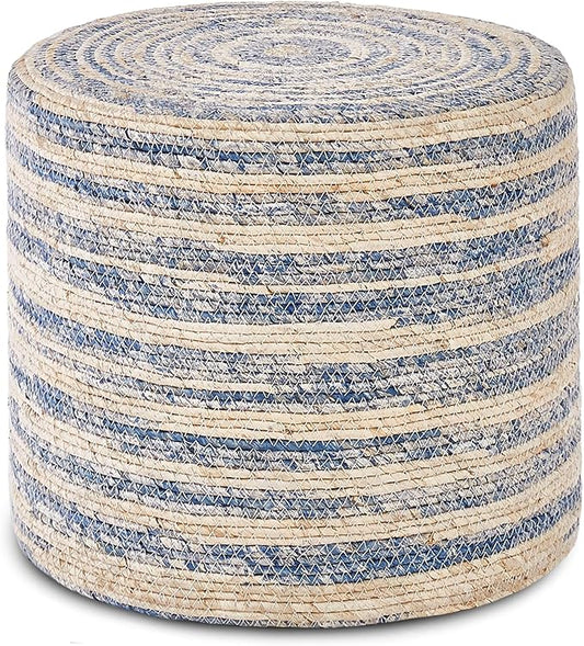 Wimarsbon 18'' Ottoman Pouf, Natural Braided Poof, Rustic Handweave Lounge Pouffe, Boho Footrest Stool for Bedroom, Accent Table for Living Room (Blue Corn Husk)
