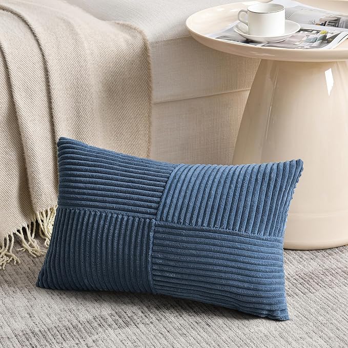 Fancy Homi 2 Packs Dusty Blue Long Lumbar Decorative Throw Pillow Covers 16x24 Inch for Couch Bed Sofa, Rustic Farmhouse Boho Home Decor, Soft Striped Corduroy Rectangle Accent Cushion Case 40x60 cm