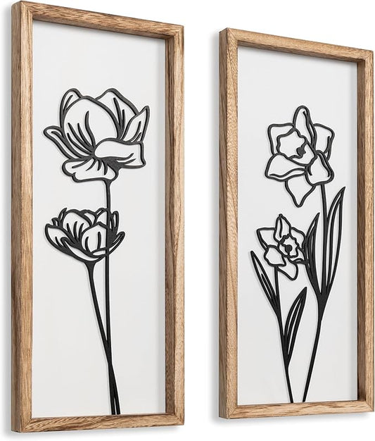 3D Black and White Wall Art (Set of 2) Lightweight, Wooden Ready-to-Hang Framed Floral Wall Art for Bathroom, Bedroom, Living Room or Office – Boho Botanical Farmhouse Decor – Gift-Boxed