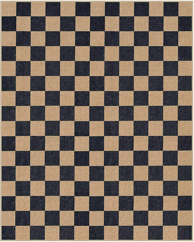Lahome Checkered Easy Jute 8x10 Rug, Washable Rugs for Living Room Office, Farmhouse Neutral Non Slip Non Shedding Stain Resistance Indoor Outdoor Carpet for Balcony Patio Classroom