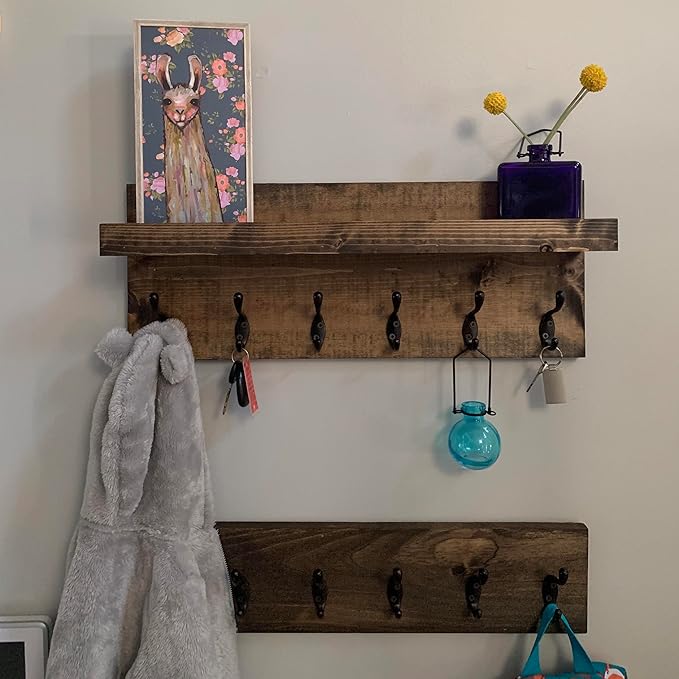 Coat Rack with Shelf Wall Mounted with Storage (Choose Your Length) Towel Rack Entryway Organizer Key Hooks (28" L (7 Hooks) Set of 2)