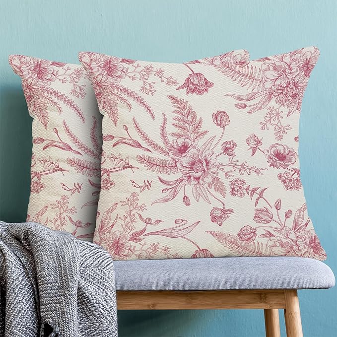 CXMEIFLY Hot Pink Spring Pillow Covers 20 x 20 Inch Set of 2 for Chinoiserie Flowers Decor Throw Pillows Floral Leaves Seasonal Plant Outdoor Decorative Cushion Cases for Couch Bed Decorations