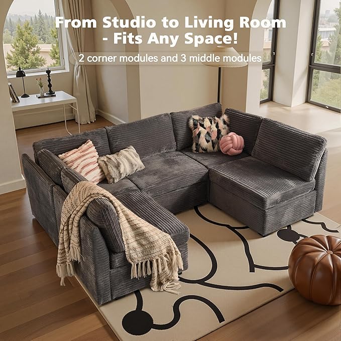 Modular Sectional Sofa with Chaise U Shaped Sectional Couch for Living Room, 5-Seater Comfy Cloud Couches, Plush Corduroy, Gray