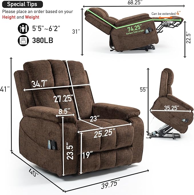 Lazy Boy Recliner Chair, Postoperative Recovery,Retractable 23'' Extra-Long Leg Support Lift Chair Hold up to 400lb,25.5'' Oversized Recliner seat for Big and Tall