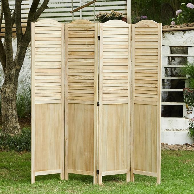 Room Partitions and Dividers, 68.9 Inch Temporary Wall with Double Hinges, Wooden Louver & MDF Stable Screens for Home Office Bedroom Coffeehouse Decoration (4 Panels, Wood Color)