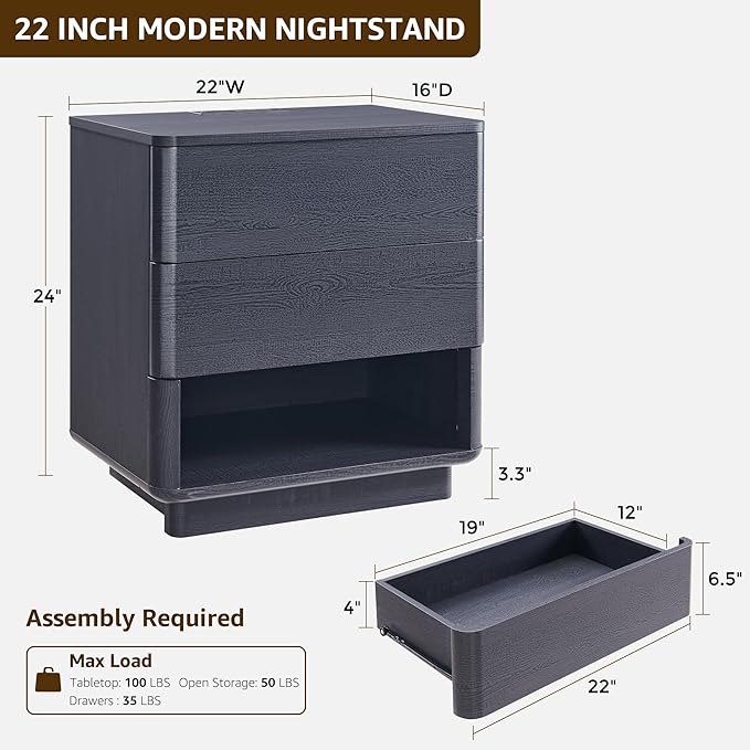 Nightstand Set of 2 with Charging Station, 22" Large Modern Bedside Table with 2 Drawers Storage,Push-to-Open End Table for Bedroom,Living Room,Black