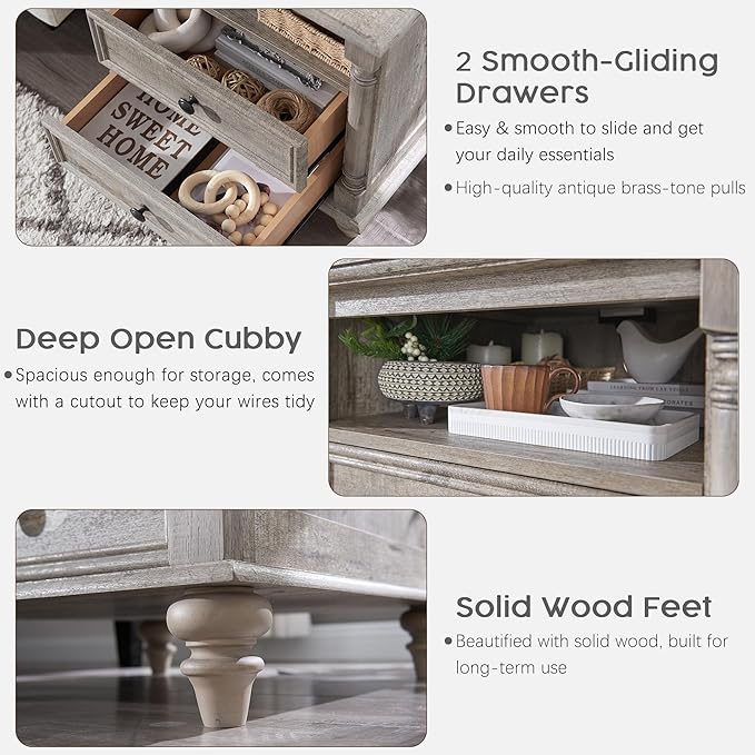 T4TREAM 24'' Farmhouse End Table w/4 Solid Wood Feet, Large 2 Drawers Wide Sofa Side Table with Charging Station, Tall Rustic Wood Square Nightstand for Living Room, Bedroom, Office, Light Rustic Oak