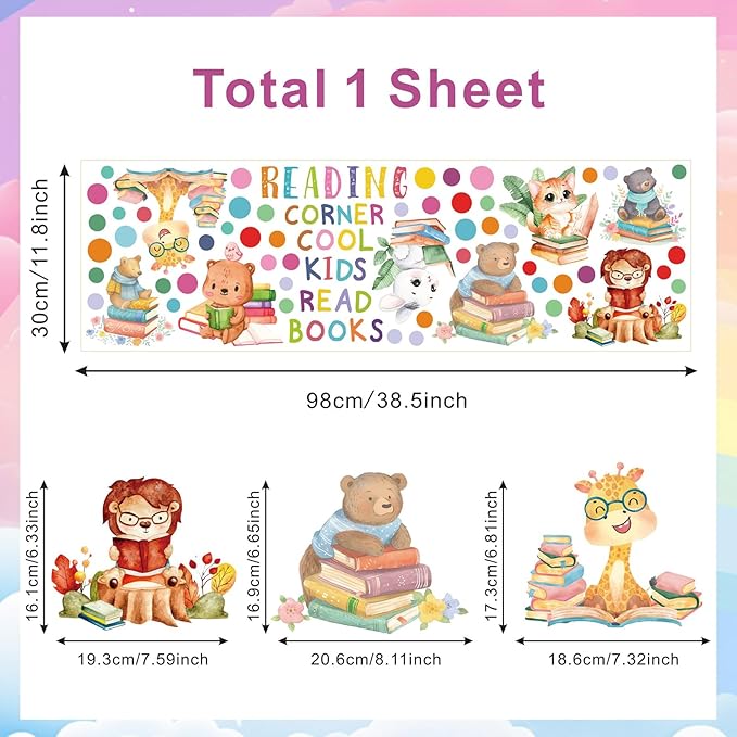 Reading Corner Decor,Reading Books Wall Decals,Learning Study Wall Stickers,Cartoon Animals Window Decals,Giraffe Bear Rabbit Read Books Stickers for Toddler Nursery Bedroom Classroom School