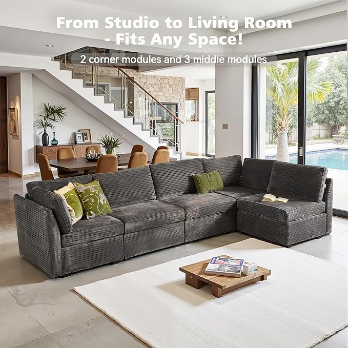 Modular Sectional Sofa with Chaise U Shaped Sectional Couch for Living Room, 5-Seater Comfy Cloud Couches, Plush Corduroy, Gray