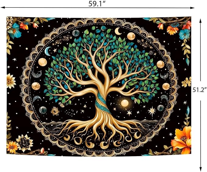 Delur Tree of Life Tapestry Moon Phase Nature Flower Plant Tapestry Wall Hanging Boho Mandala Spiritual Sun Aesthetic Psychedelic Headboard for Bedroom Living Room Home Decor (51.2" x 59.1")