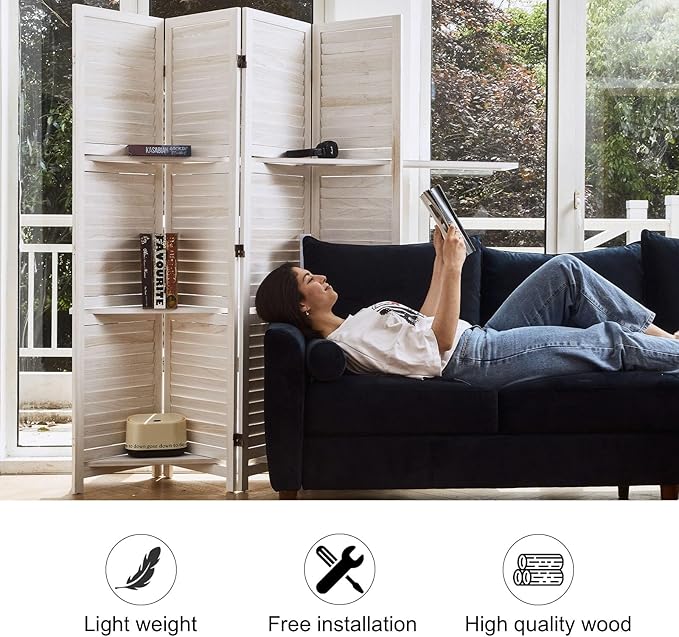 Room Divider with Shelves, 5.6 Ft Tall Folding Wood Screen with Double Hinges for Home Office Bedroom Hotel Decoration (4 Panels, White-Washed)