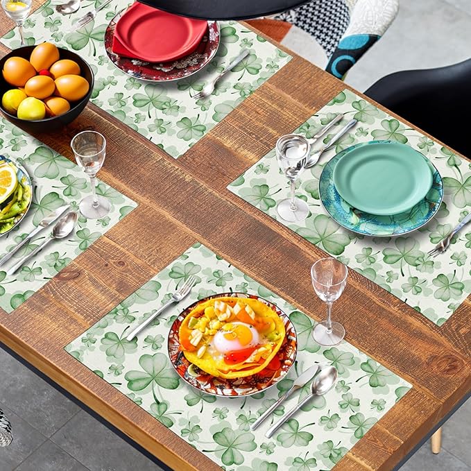 Shamrocks St. Patrick's Day Placemats Set of 4 Watercolor Lucky Clovers St Patrick's Day Table Mats Seasonal Spring Green Leaves Linen Place Mats for Party Kitchen Dining Outdoor Indoor Decor