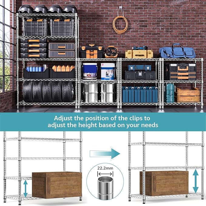 1750 LBS Storage Shelves 5-Tier Utility Shelving Unit Steel Organizer Wire Rack for Home,Kitchen,Office,Garage, Capacity 17.7" D x 47.2" W x 72.3" H