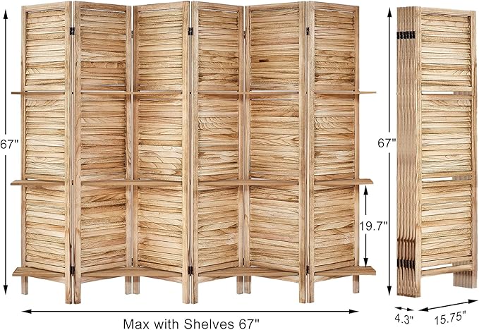 Room Divider with Shelves, Privacy Screen, Room Dividers and Folding Privacy Screens, 6 Panel Wood Temporary Wall Partition Separation Separator, Natural