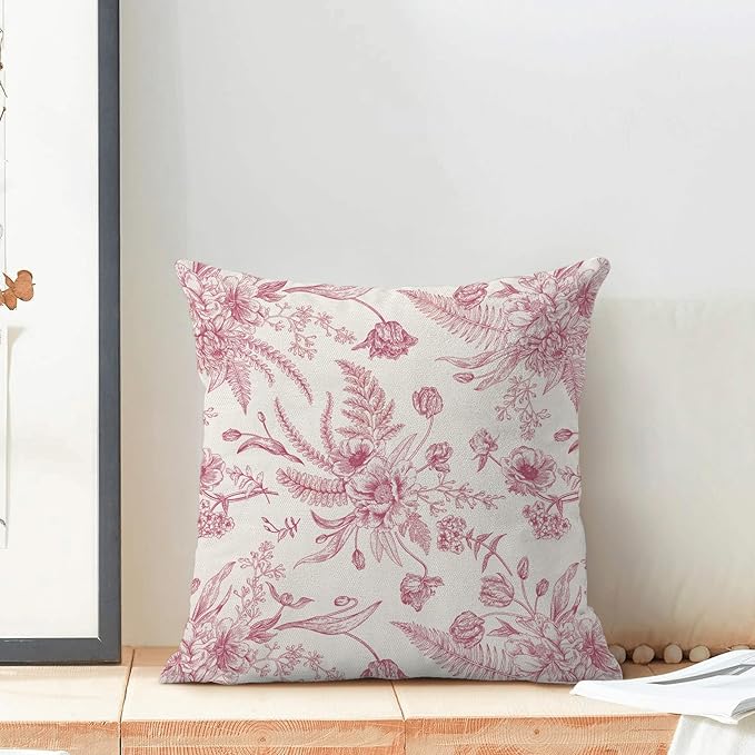 CXMEIFLY Hot Pink Spring Pillow Covers 20 x 20 Inch Set of 2 for Chinoiserie Flowers Decor Throw Pillows Floral Leaves Seasonal Plant Outdoor Decorative Cushion Cases for Couch Bed Decorations