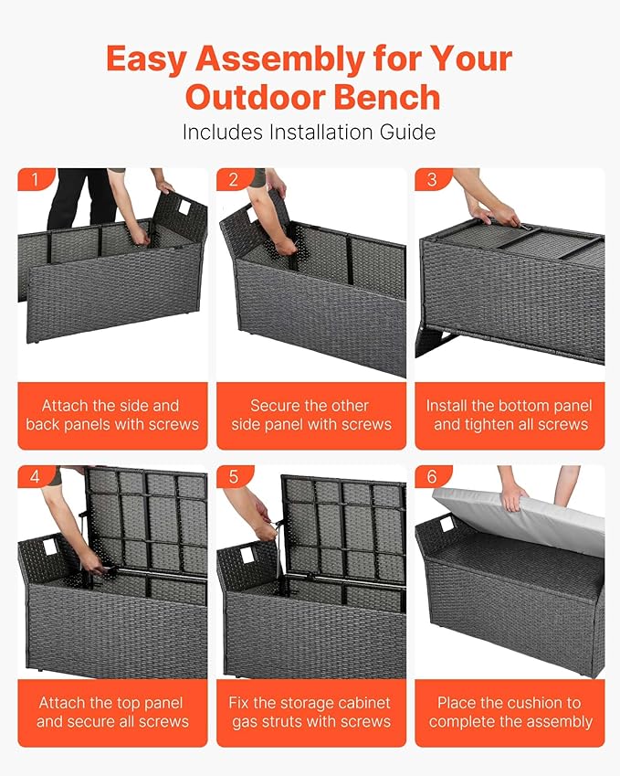 VEVOR Outdoor Storage Bench, 2-Person PE Rattan Storage Bench, 40 Gal Deck Box with Cushion & Side Handle, Supports up to 400 lbs, Weatherproof Outdoor Seating & Porch Decor for Patio Garden Balcony