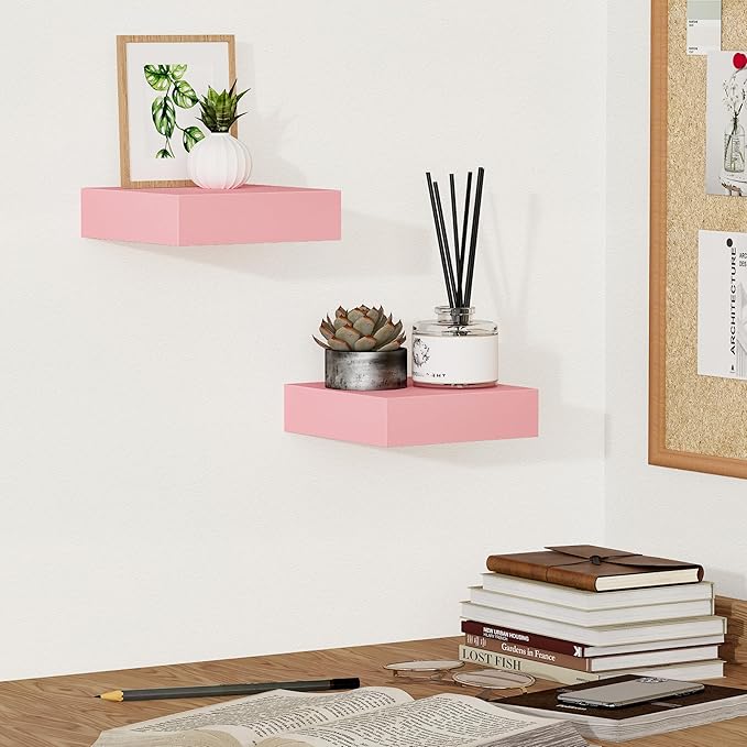 BAMEOS Pink Floating Shelves for Wall, 6" x 6" Wall Shelves for Room, Floating Book Shelves, Hanging Shelves for Bedroom, Bedroom, Living Room, Kitchen (Set of 2)