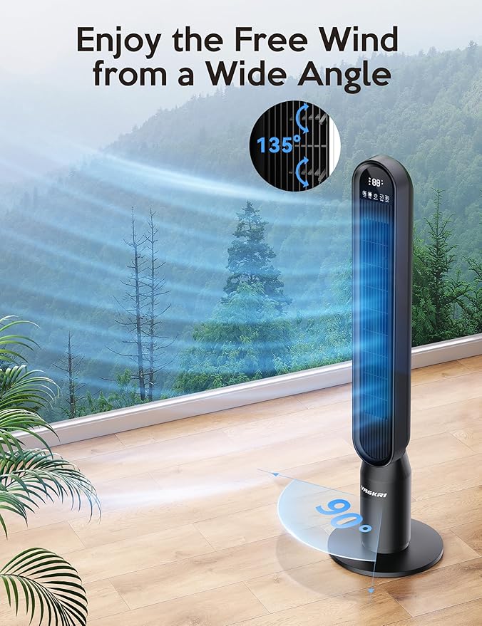 VAGKRI 42 Inch Tower Fan for Bedroom, Bladeless Quiet Floor Fan with 135° Vertical 90° Oscillation Fans for Indoors use, 4 Speeds, 4 Modes, 15H Timers Standing Fans with Remote Black