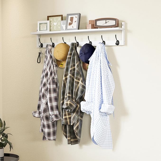 BAMEOS 35" L Wall Hooks with Shelf, Entryway Coat Hooks for Wall with Shelf, Wood Wall Hanging Shelf, Wall-Mounted Coat Rack with 7 Dual Metal Hooks for Bathroom, Kitchen, Living Room, Bedroom (White)
