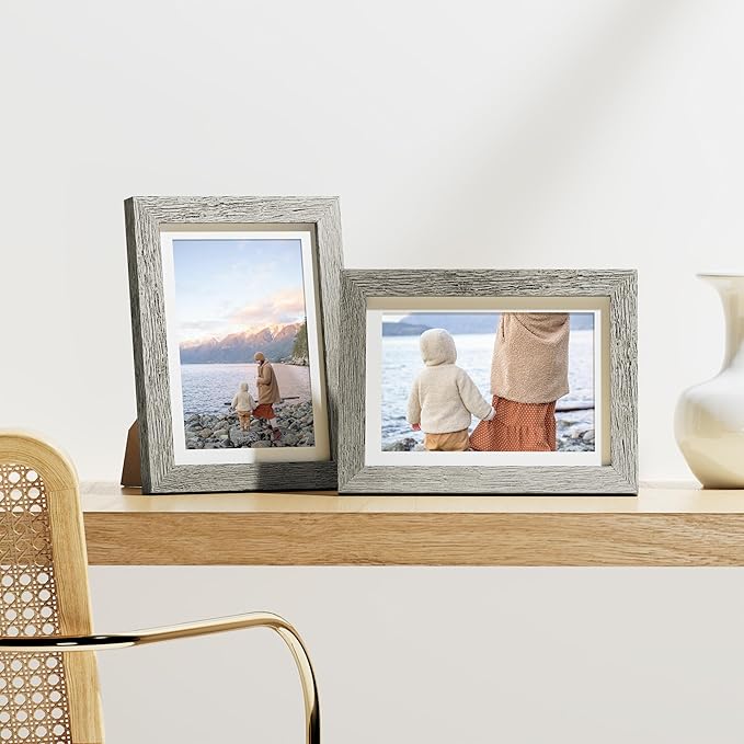 Vittanly 5x7 Picture Frames Set of 9, Shatter Resistant Plexiglass, Display 4x6 Pictures with Mat or 5x7 without Mat, Photo Frames for Wall or Tabletop, Engineered Wood, Grey