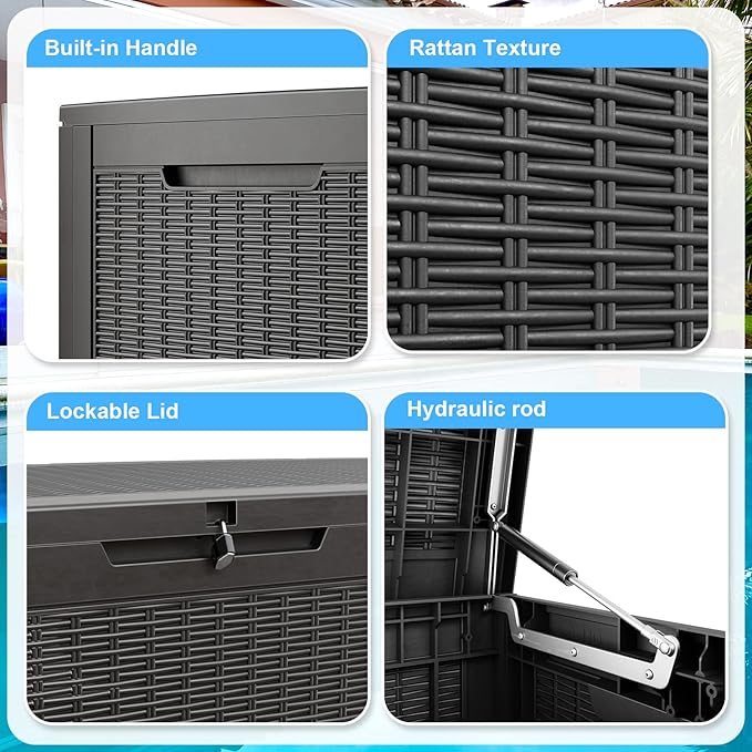 100 Gallon Deck Box,Resin Outdoor Storage Box with Lockable for Patio Furniture, Pool Accessories, Garden Tools Waterproof Outside Storage Box, Black