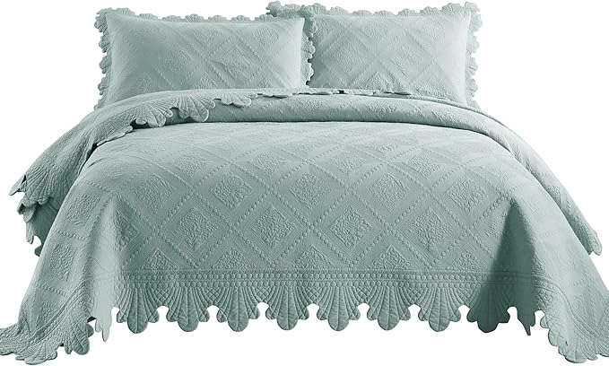 MarCielo 3-Piece 100% Cotton Oversized Bedspread Lightweight Quilt Coverlet Embroidery Farmhouse Bedding Set (Tk Aqua Green, Oversized King (118"x106"))