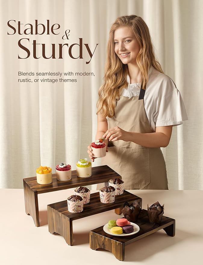 Acacia Wooden 3 Tier Cupcake Stand - Risers for Display for Food Buffet Risers and Stands – Food Stands for Display Party – Acacia Wooden Cupcake Stand - Set of 3 Size (Walnut Color)