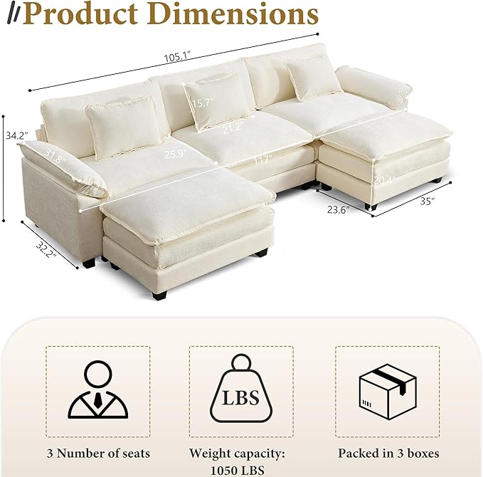 URRED Modular Sectional Sofa Comfy Cloud Couch, Modern Chenille Sofa Sleeper Deep Seat Couches with Ottoman/Pillows for Living Room (White, 117'' - U Shape)