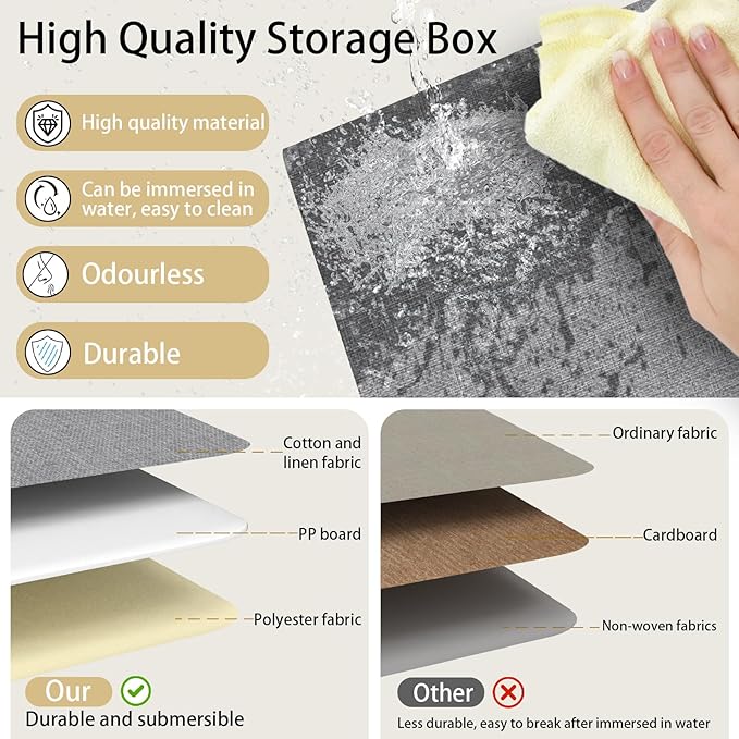 Yawinhe Foldable Storage Baskets for Shelves, Fabric Closet Organizers, Bins with 3 Handles, Cubes for Clothes, Grey, 15''Lx9.8''Wx8.3''H, 4-Pack