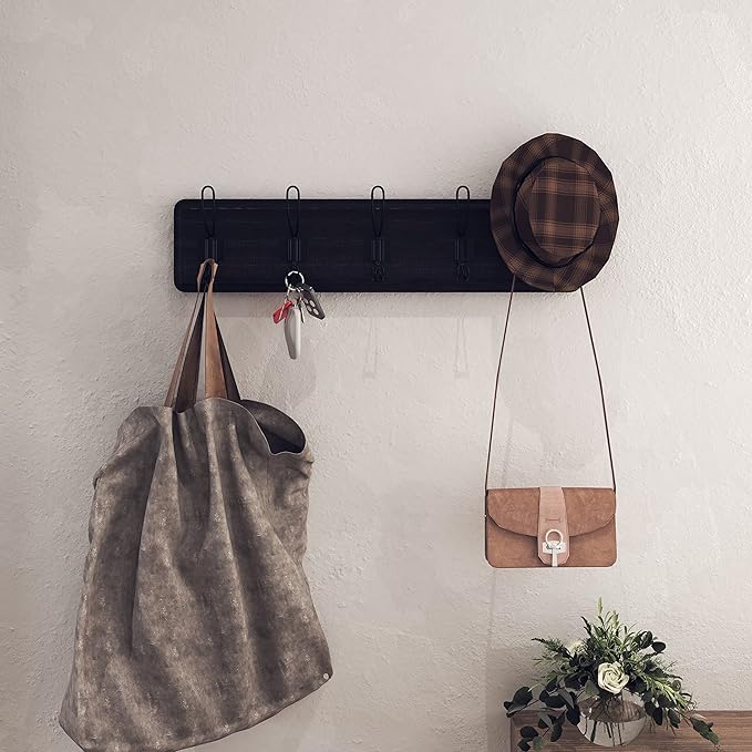HBCY Creations Blackwash Solid Wood Wall Mounted Coat Rack with Shelf, 5 Hooks, 24" Long - Kitchen, Mudroom, Entryway, Bathroom - Includes Mounting Hardware, Coat Hanger, Dog Leash Hooks, Towel Rack