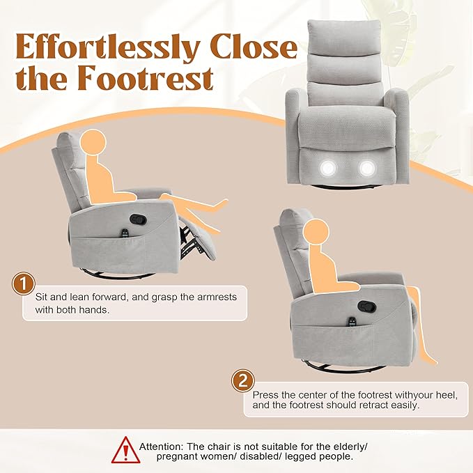 Manual Swivel Rocker Recliner Chair for Adults, Overstuffed Reclining Glider Chair for Nursing with Vibration Massage & Heat, Living Room Rocking Recliner 3-Stage backrest, Chenille Fabric Light Gray