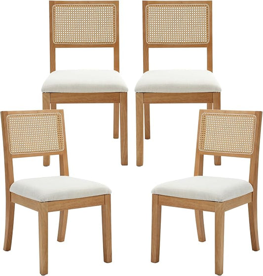 Westice Rattan Dining Chairs Set of 4, Farmhouse Natural Dining Room Chairs with Upholstered Cushion, Wood Armless Chairs for Kitchen/Restaurant