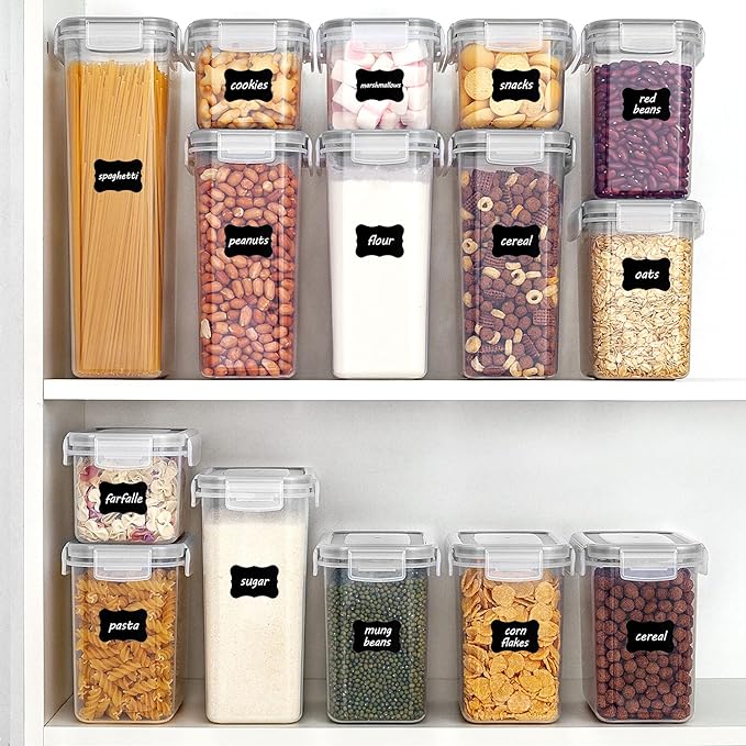 Vtopmart Airtight Food Storage Containers with Lids, 24 pcs Plastic Kitchen and Pantry Organization Canisters for Cereal, Dry Food, Flour and Sugar, BPA Free, Includes 24 Labels,Gray