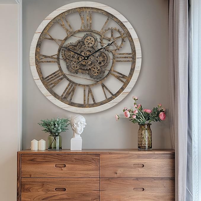 HOIBAI Wall Clock, 24 Inch Moving Gears Clock Large Wall Clock for Living Room Decor Rustic Vintage Industrial Steampunk Farmhouse Big Clock for Home Kitchen Bedroom Office