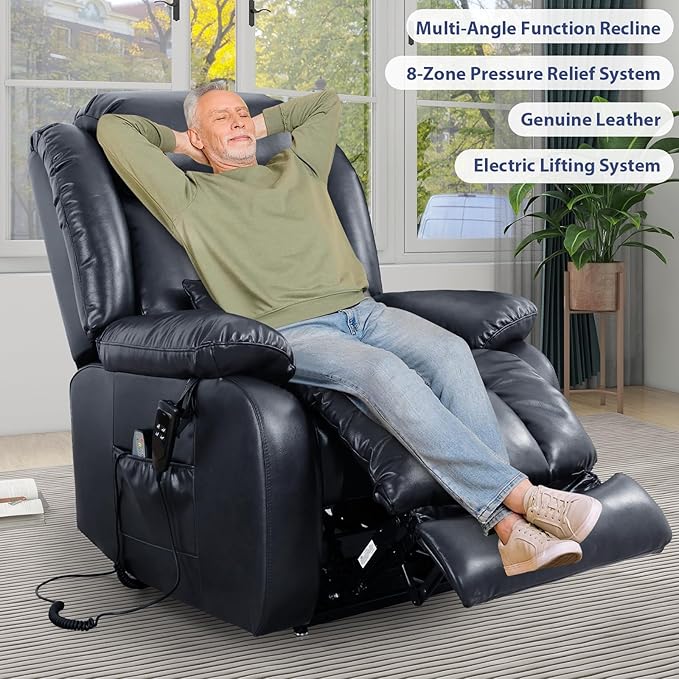 MAEVIS Large Genuine Leather Power Lift Recliner Chair, Dual Motor Recliner for Elderly,Extended Footrest and Lumbar Pillow for Tall Man,with Heat and Massage, USB and Type-C Ports(Deep Blue)